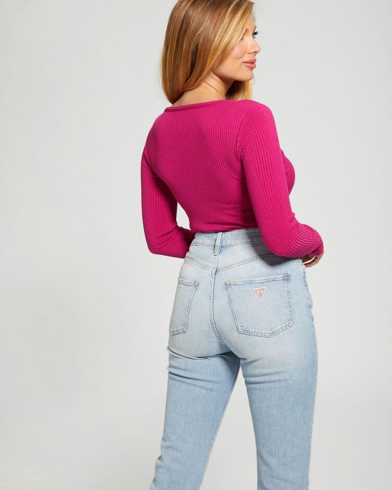 Eco Magenta Raylynn Rib Henley Top Eco Magenta Raylynn Rib Henley Top