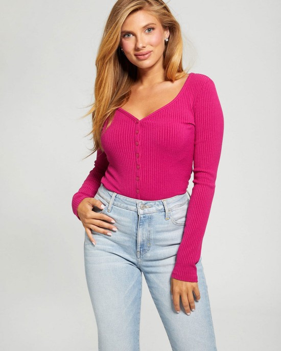 Eco Magenta Raylynn Rib Henley Top Eco Magenta Raylynn Rib Henley Top