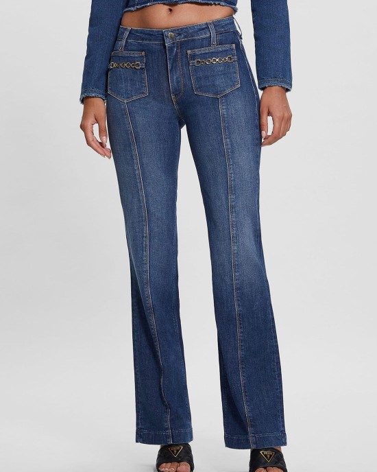 Eco Mid-Rise Bootleg Cut Chain Denim Jeans in Dark Wash Eco Mid-Rise Bootleg Cut Chain Denim Jeans in Dark Wash