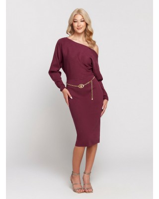 Dark Red Raven Long Sleeve Off Shoulder Midi Dress