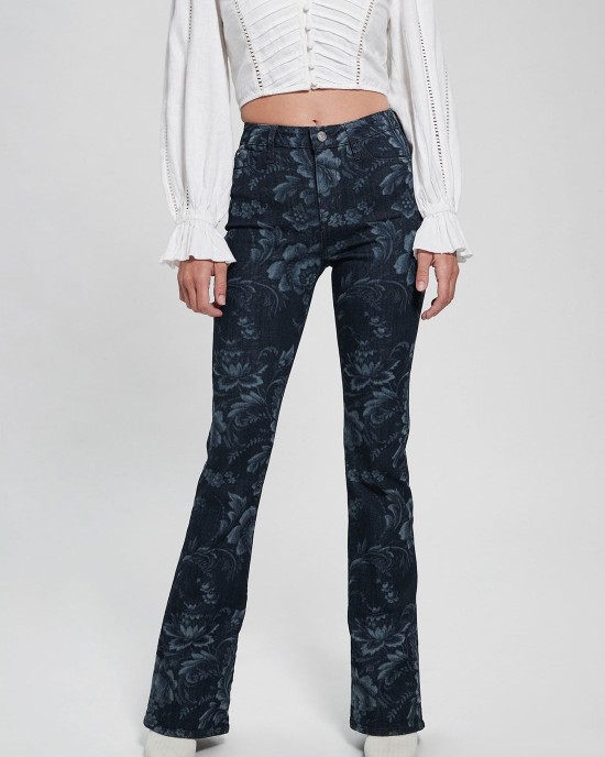 Eco High-Rise Flare Adeline Denim Jeans In Wild Flower Print Wash Eco High-Rise Flare Adeline Denim Jeans In Wild Flower Print Wash
