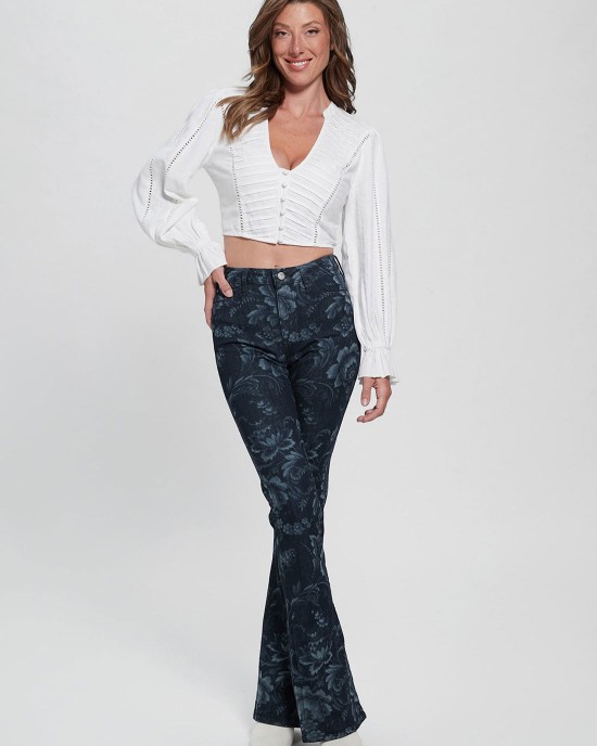 Eco High-Rise Flare Adeline Denim Jeans In Wild Flower Print Wash Eco High-Rise Flare Adeline Denim Jeans In Wild Flower Print Wash