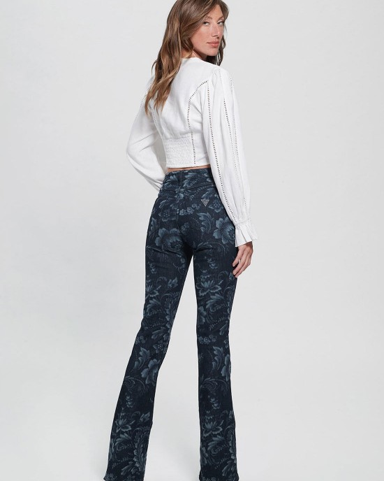 Eco High-Rise Flare Adeline Denim Jeans In Wild Flower Print Wash Eco High-Rise Flare Adeline Denim Jeans In Wild Flower Print Wash